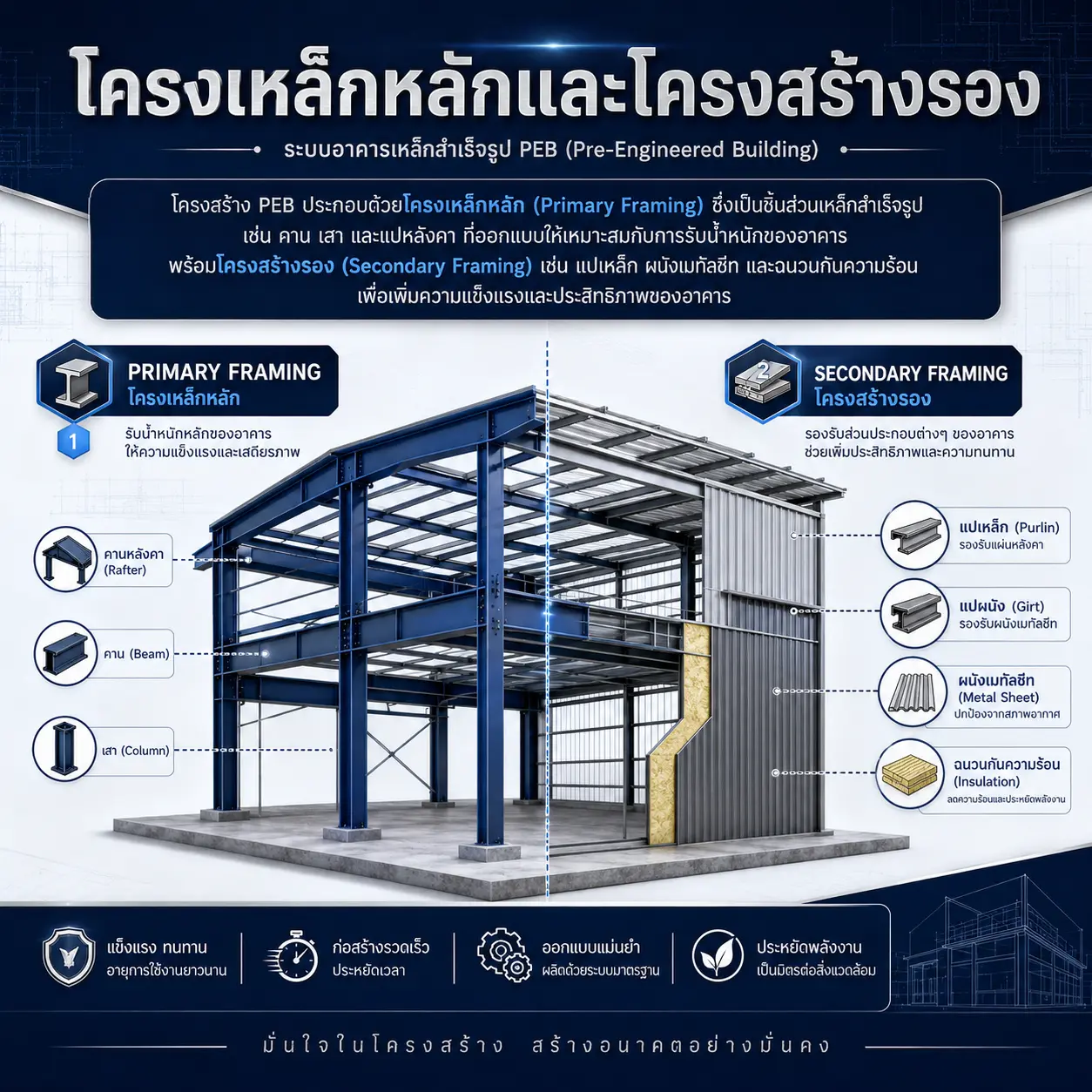 โครงเหล็กหลักและโครงสร้างรอง - Thai Euro PEB